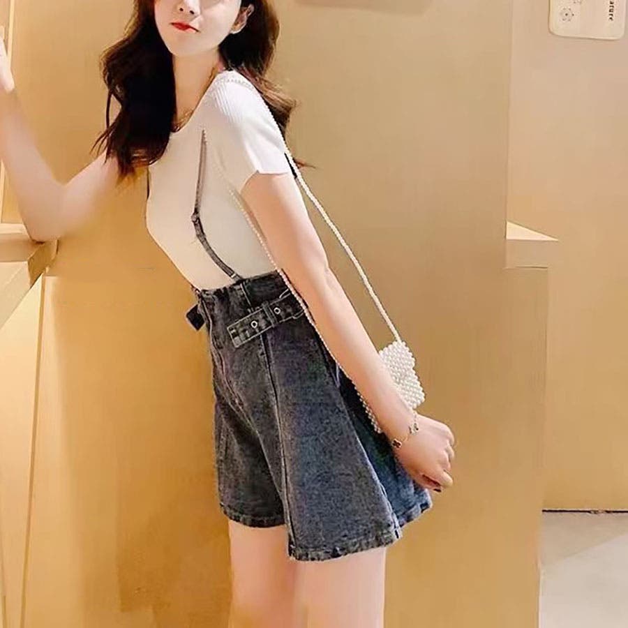 サスペンダー付きハイウエストデニムショートパンツ[品番：TAXW0001380