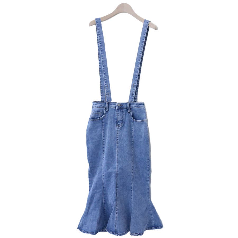 サスペンダー付きマーメイドデニムスカート　デニムスカート　マーメイドスカート セール】サスペンダー付きデニムマーメイドスカート（デニム