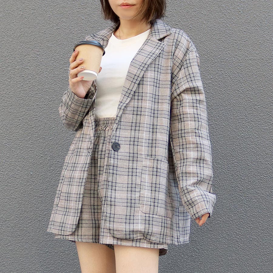チェックシングルジャケット+ショートパンツセット[品番：TAXW0001097
