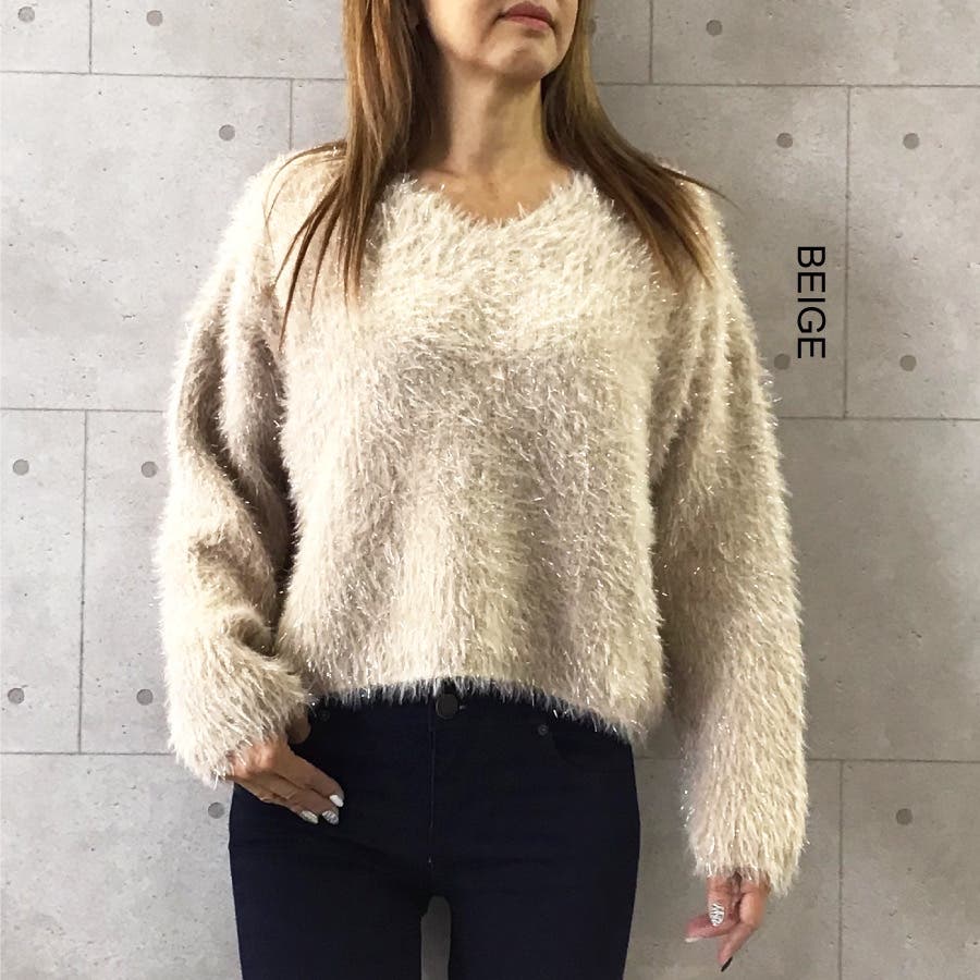 シャギーニット ラメ sullen ファー セール】フェイクファーラメシャギーボートネックワイド袖ルーズ