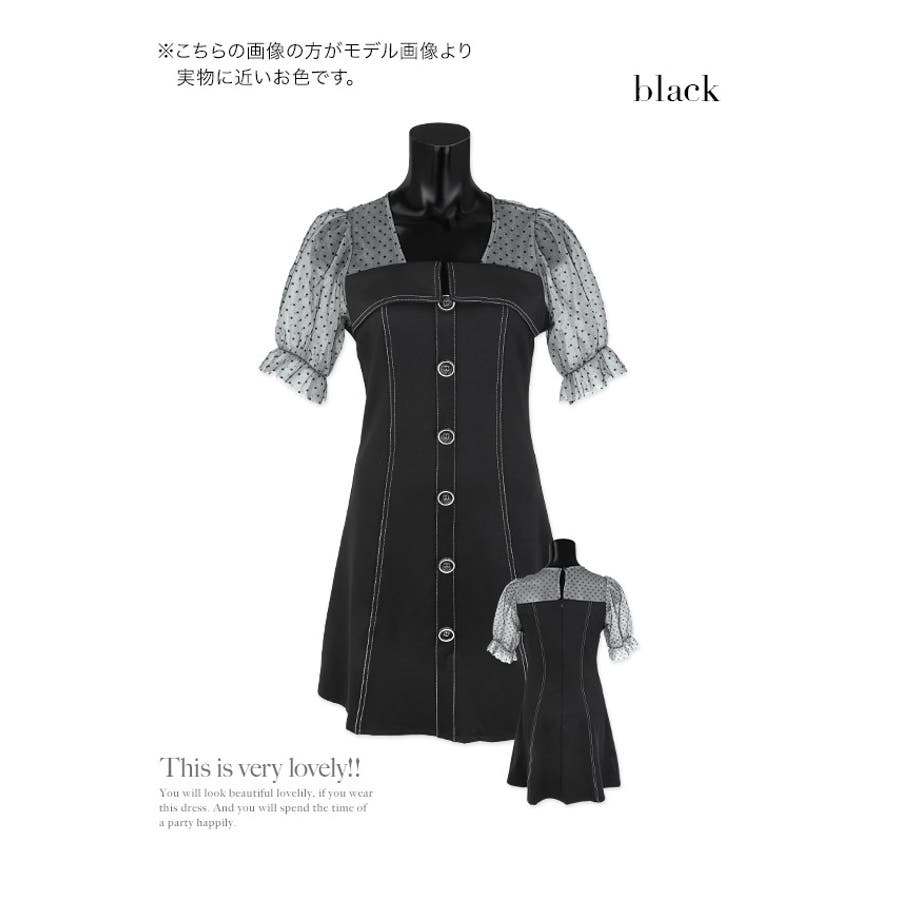 ドットシアースリーブブラックデニム風Aラインワンピースドレス