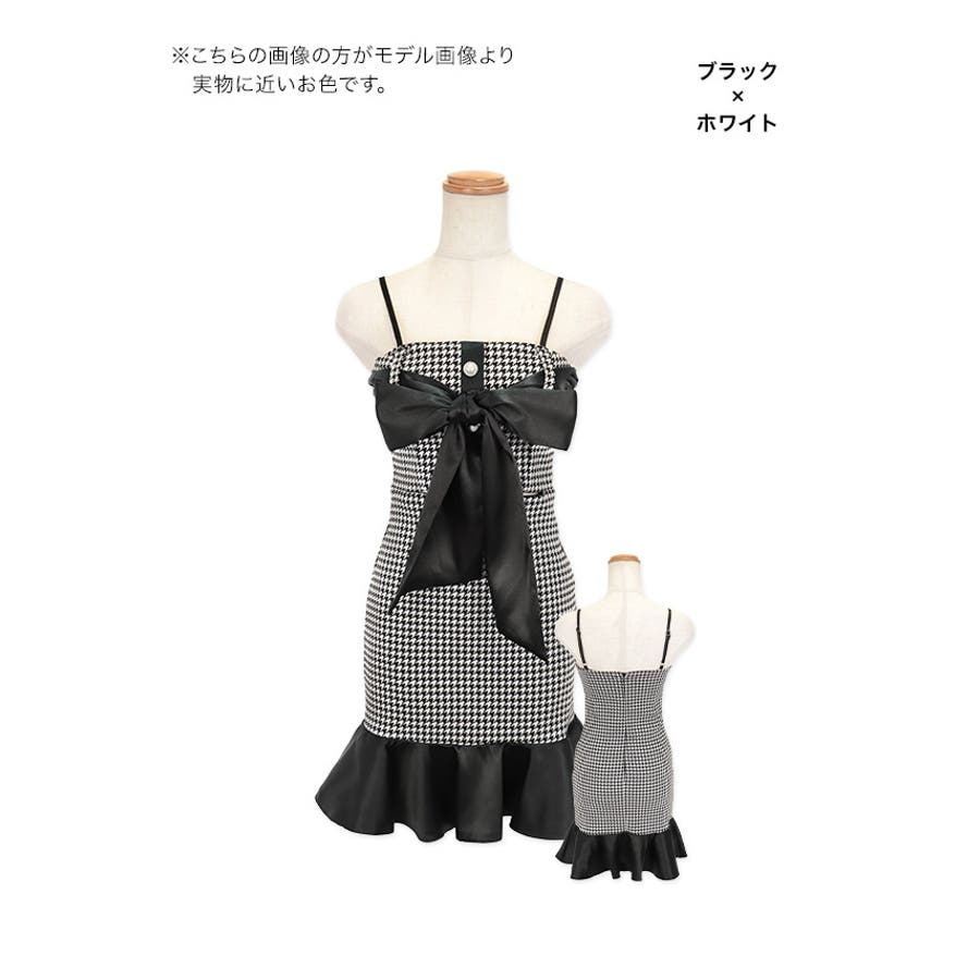 モノトーン千鳥格子柄ビッグリボンミニドレス ガーリードレス 袖
