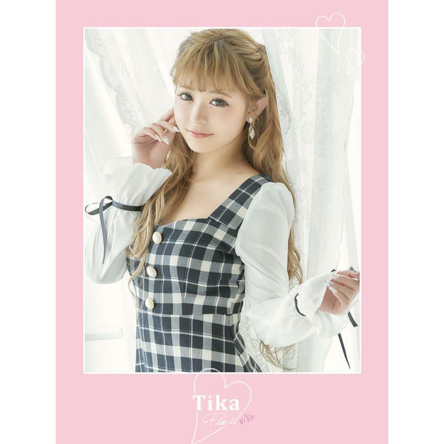 チェック柄シフォンスリーブAライン韓国ミニワンピース 袖あり