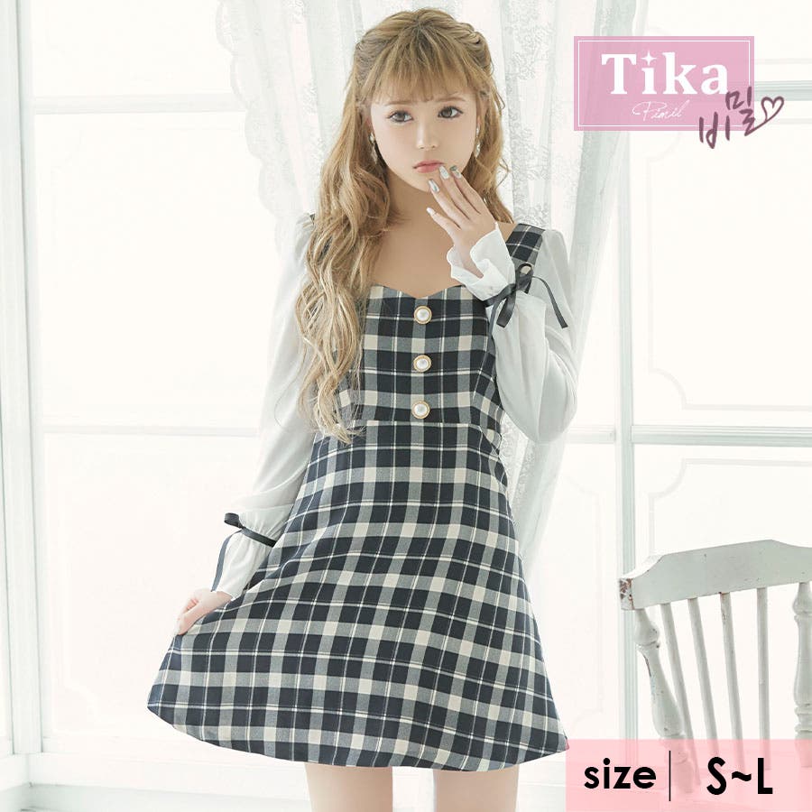 チェック柄シフォンスリーブAライン韓国ミニワンピース 袖あり