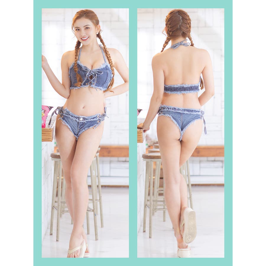 ダメージデニムレースアップビキニ セクシースイムウェア 水着