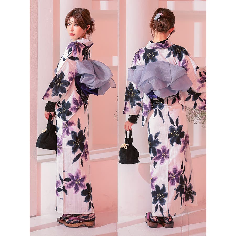 人気カラーの レトロモノトーン百合モチーフ浴衣3点セット 妖艶浴衣 粋浴衣 着物・浴衣
