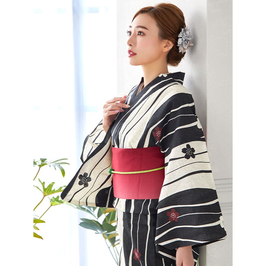 モノトーンよろけ縞×椿柄浴衣3点セット 作り帯 下駄[品番：XK000013548