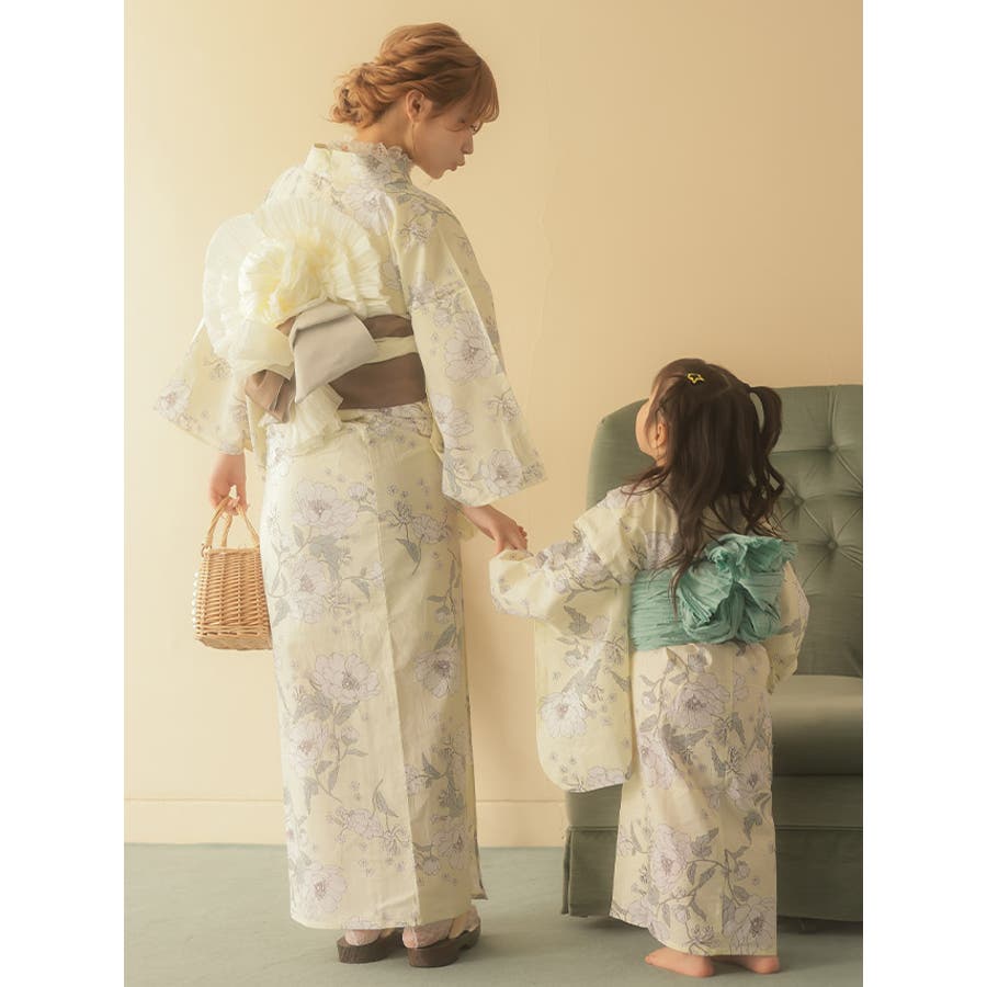 親子浴衣KIDS◎線画フラワー浴衣2点セット 浴衣セット キッズ浴衣[品番