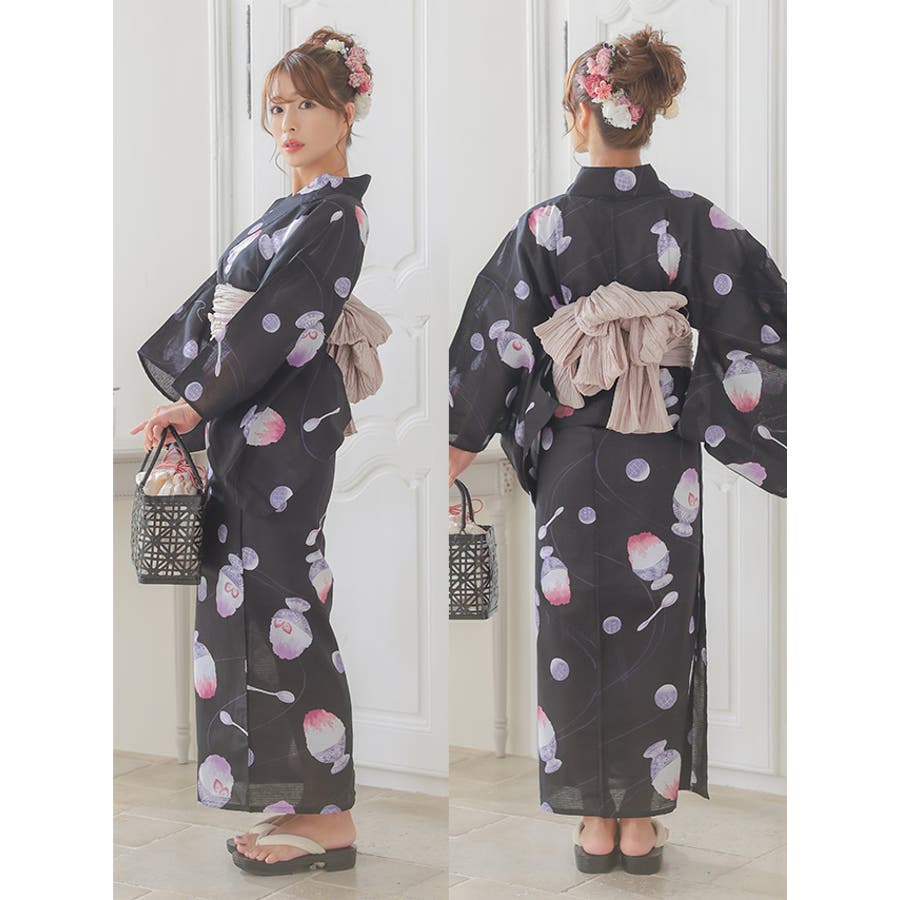 TICA 浴衣 黒地にモノトーン菊 （浴衣・兵児帯・下駄）