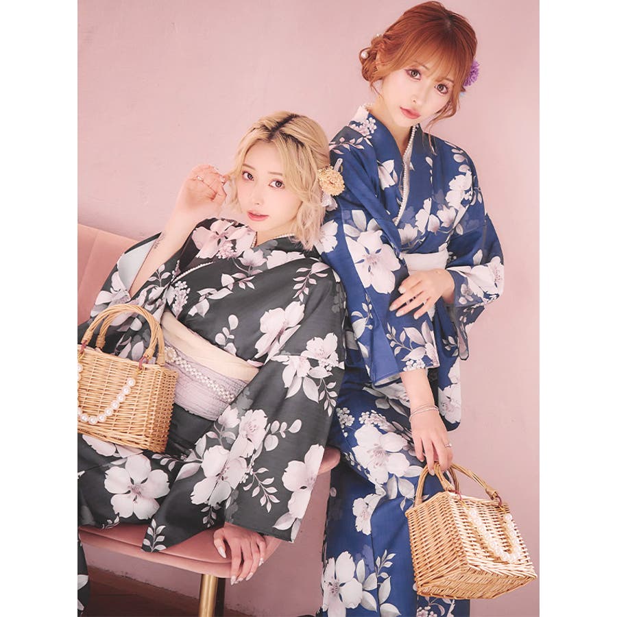 青地×ニュアンスフラワー浴衣3点セット 浴衣セット レディース