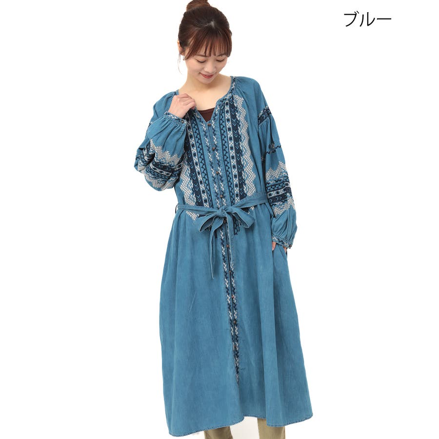 アムスゴ刺繍デニムガウンワンピース大きいサイズ kwica708