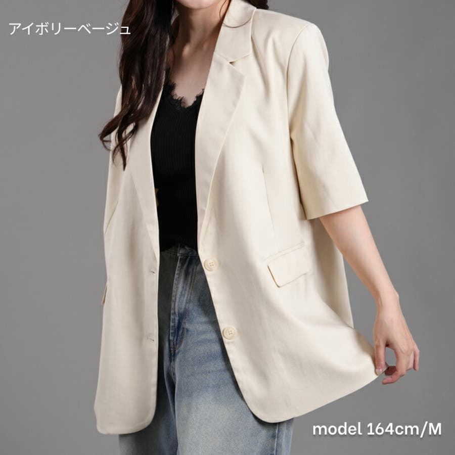 O.W 半袖ジャケット アイボリー 麻調合繊半袖ジャケット アウター 羽織り[品番：TWPW0002093