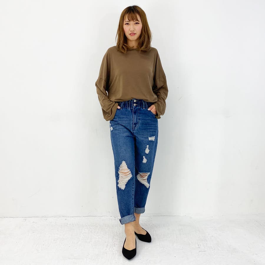 ハイウエスト ダメージデニム デニムパンツ ダメージジーンズ 