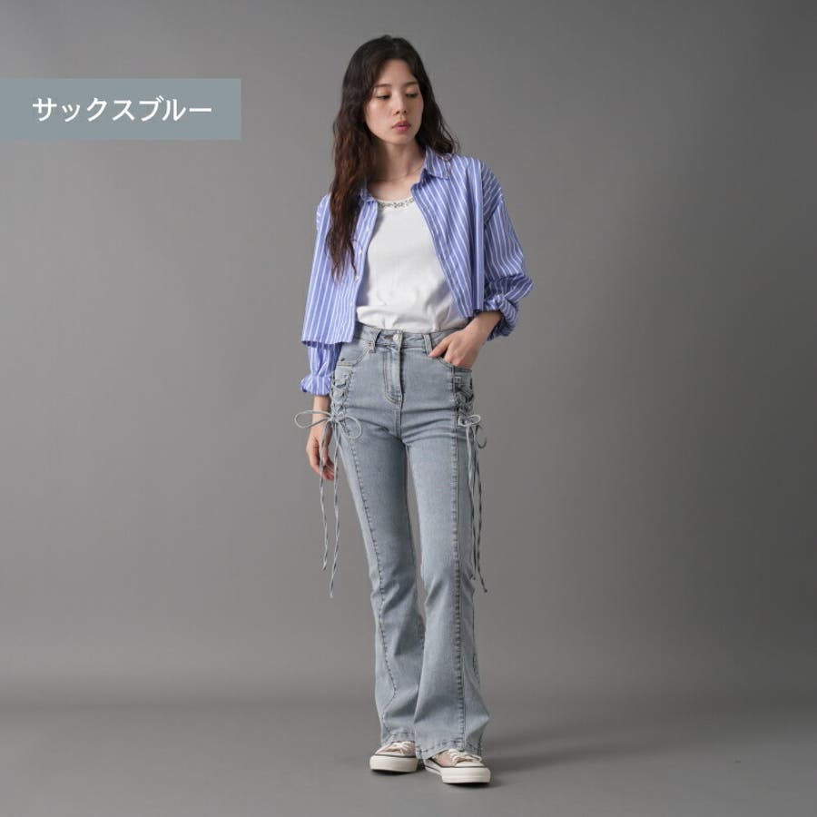 ストレッチデニム レースアップフレアパンツ レディース[品番 ストレッチデニム レースアップフレアパンツ レディース[品番