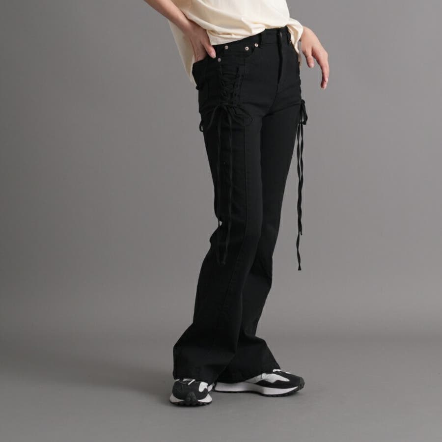 ストレッチデニム レースアップフレアパンツ レディース[品番 ストレッチデニム レースアップフレアパンツ レディース[品番