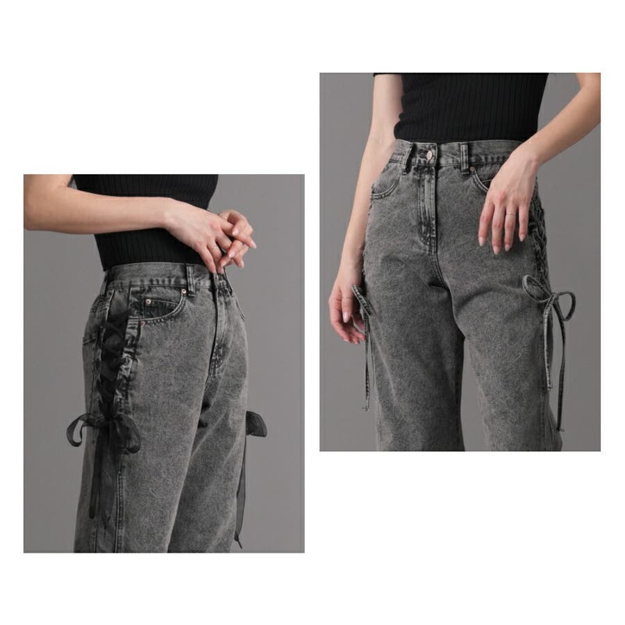web限定セール 両脇リボン 2typeリボン付[品番 フレアデニムパンツ パンツ