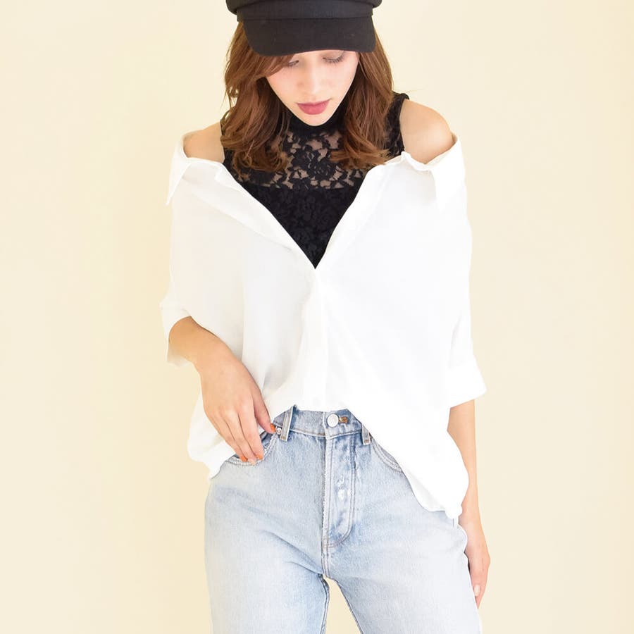 レース切替レイヤードオフショルトップス ドロップショルダー