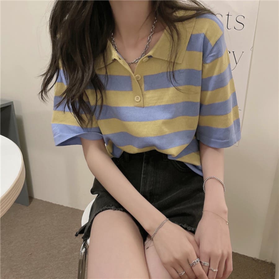 ポロシャツ カットソー 半袖 トップス ボーダー レディース[品番 ポロシャツ カットソー 半袖 トップス ボーダー レディース[品番
