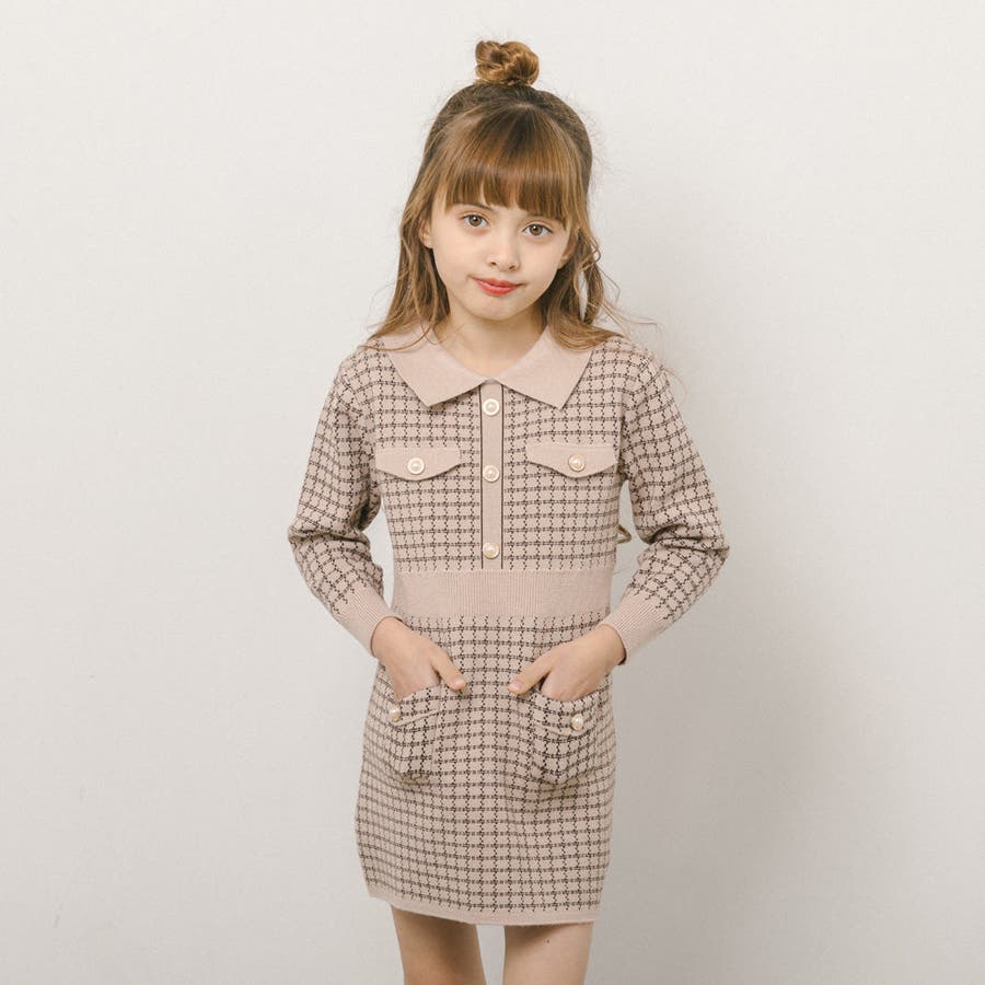 パールボタンデザイン千鳥柄ニットフレアワンピース[品番：VINK0004073