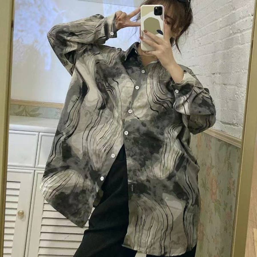 全商品オープニング価格！ マーブル柄シャツ 韓国ファッション 長袖[品番：VCTW0004488 トップス