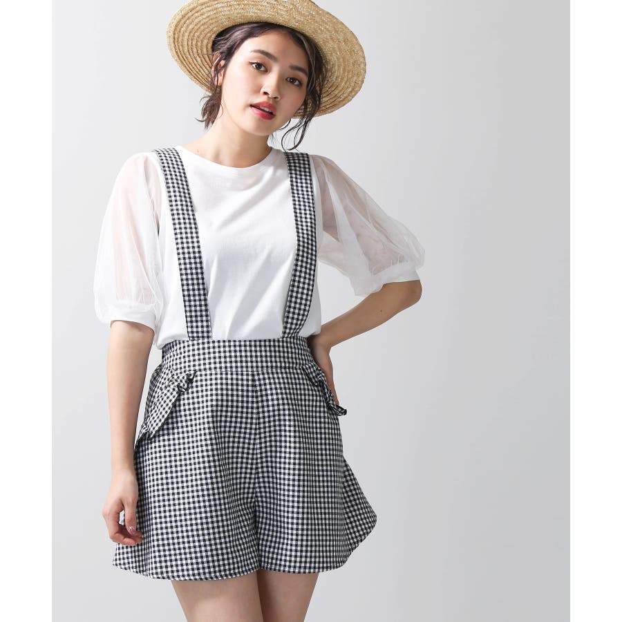 大人気アイテム shäller チェック柄サスペンダーキュロット パンツ