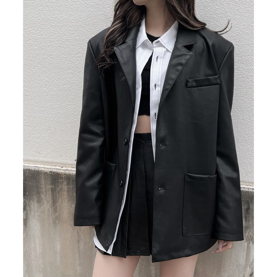 フェイクレザーテーラードジャケット 韓国 韓国ファッション[品番