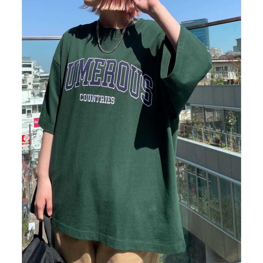 【Dグリーン】アクセ付きカレッジ半袖Tシャツ メンズ ユニセックス ...