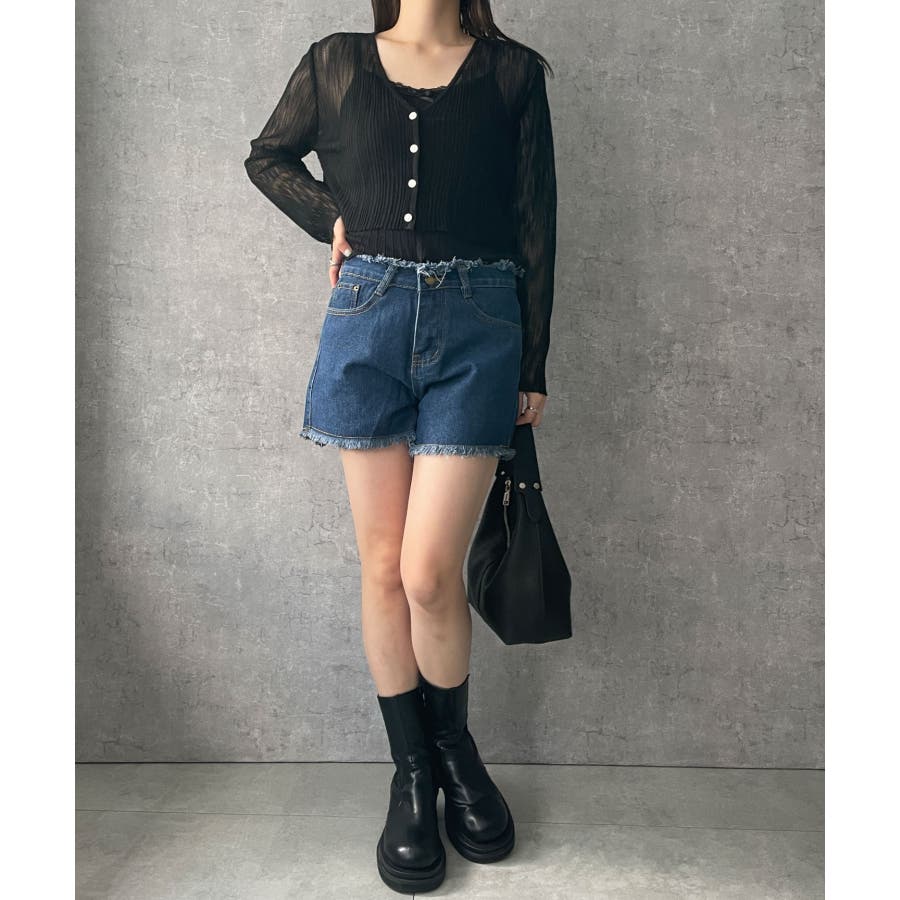 ハイウエストフリンジデニムショートパンツ[品番：WG010090681