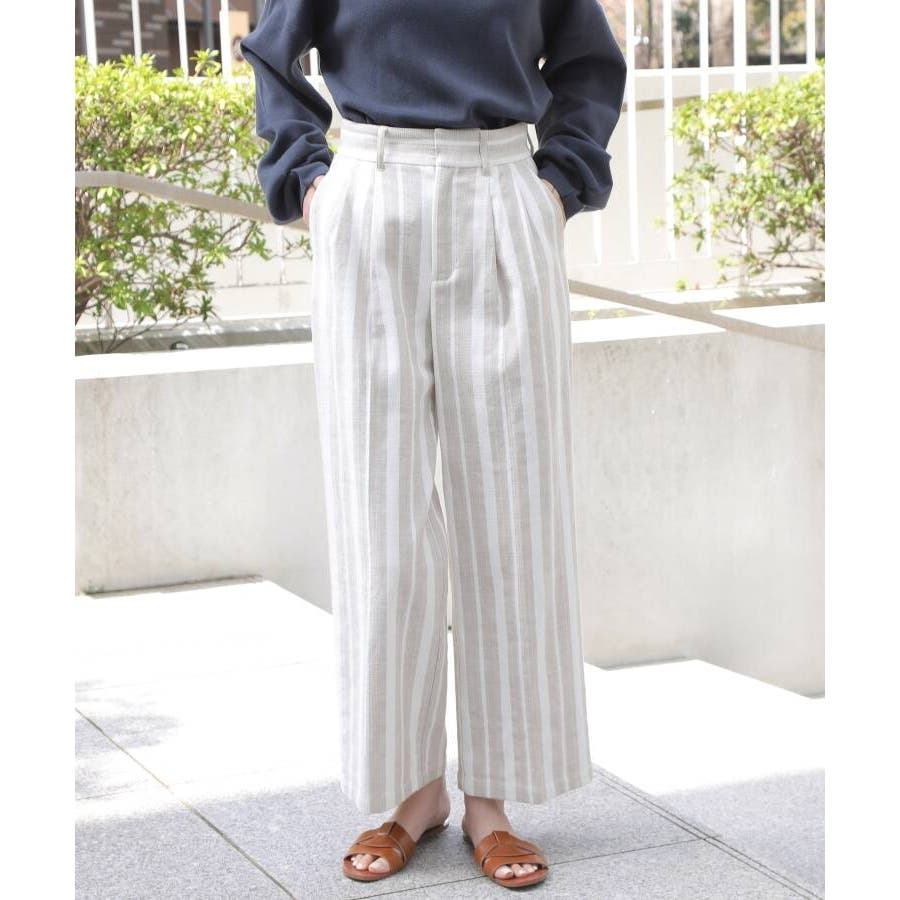 綺麗見え】麻調ストライプワイドパンツ[品番：WRDW0144880]｜THE SHOP