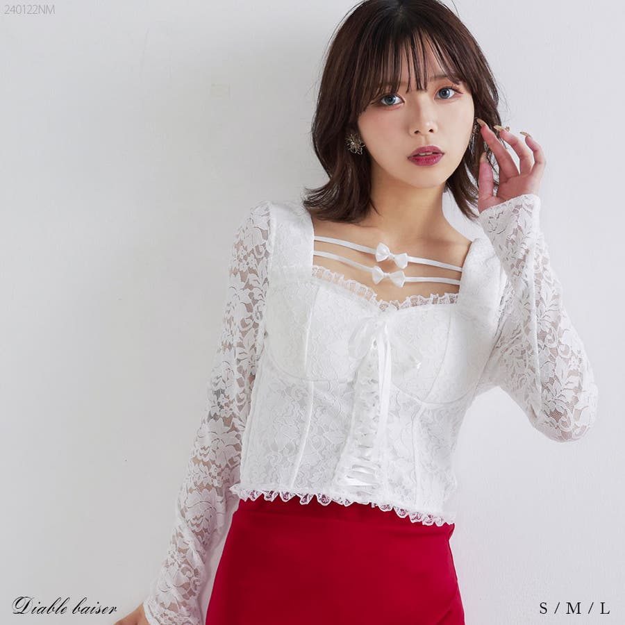 パット入りコルセット風レーストップス 韓国 夢展望[品番