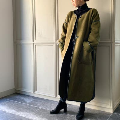オーバーサイズ ムートンパイピングノーカラーコート ビッグシルエット 