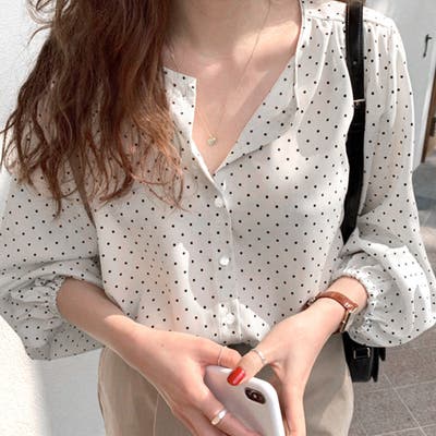 ドット　ブラウス LHELBIE ブラウス シャツ リネンライクドットブラウスT