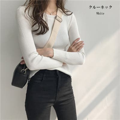 Vネック長袖リブニットインナーニットトップスシンプルニット