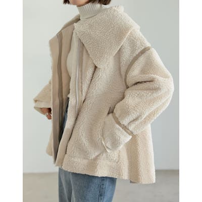 【FINAL SALE！ 30%OFF⇒¥6,299】[m___yo__さん着用][低身長サイズ有]ビッグカラーフェイクレザーパイピングフレアボアコート