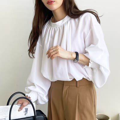 海外限定スパイク販売 ハイネックギャザーバルーンスリーブブラウス[品番：GERW0000039 トップス