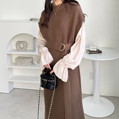 取り外し可能なフラワーレース襟付きニットワンピース