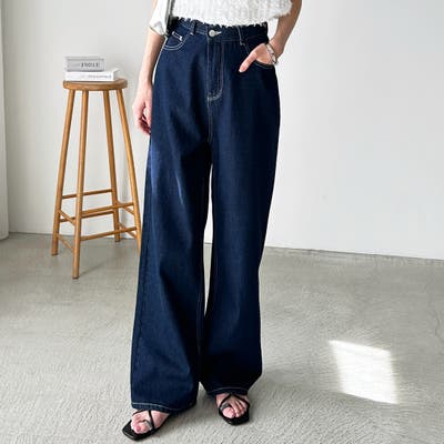 美脚見え！2ボタンウエストワイドデニムパンツ[品番