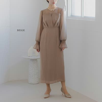 ボリュームスリーブシフォンロングワンピース ドレス 結婚式