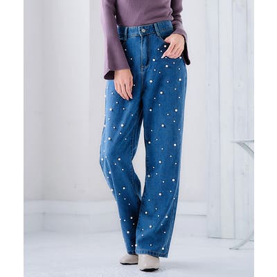 パール付きハイウエストデニム パール デニムパンツ[品番