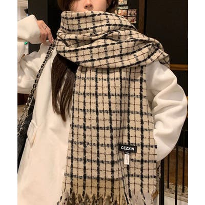 【メーカー包装済】 タータンチェックフリンジマフラー ユニセックス ニットマフラー 小物