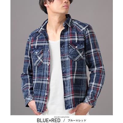 【luxstyle/ラグスタイル】LUXSTYLE 長袖シャツ メンズ チェック柄 長袖 インディゴ 総柄 メンズシャツ チェックシャツ ウエスタンシャツ デニムシャツ 胸ポケット レギュラーカラー アメカジ カジュアル サーフ系 春 夏 aa-2982 通販 服 ブルー×レッド SHOPLIST