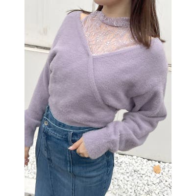 レースドッキングカシュクールミニシャギーニット[品番：MKSW0052434