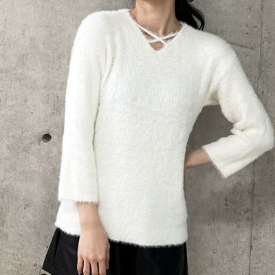Ⅴネッククロスシャギーニットトップス[品番：MJNW0002986]｜me Jane 
