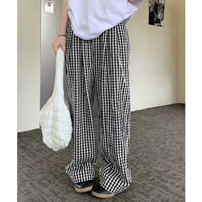 チェック柄ワイドパンツ ハイウエスト薄手[品番:II000012436 チェック柄ワイドパンツ ハイウエスト薄手[品番:II000012436