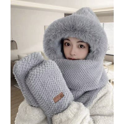 品質保証 ニット帽子 マフラー手袋一体型ファー帽子[品番：AGCW0006078 小物