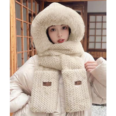 【即納&大特価】 ニット帽子 マフラー手袋一体型ファー帽子[品番：AGCW0006078 小物