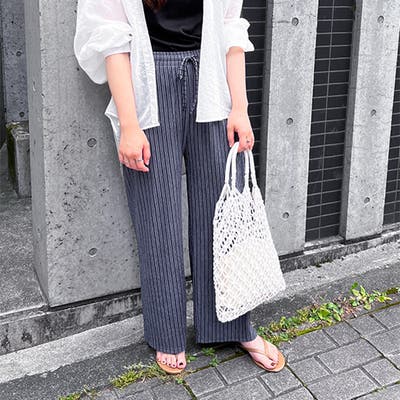 高身長 薄手素材ストレッチきれいめワイドパンツ 丈長め・トール