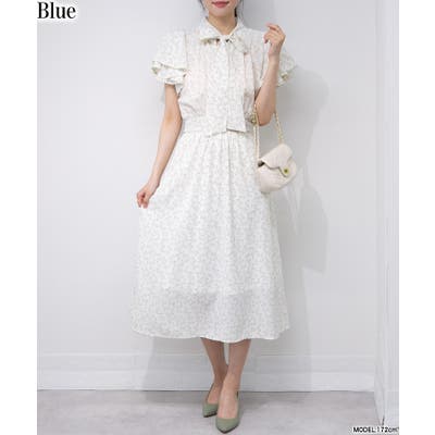フリル2枚袖 ボウタイリボン 花柄ロングワンピース[品番 フリル2枚袖 ボウタイリボン 花柄ロングワンピース[品番