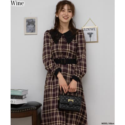 チェック柄 クレリック ベルト付 ロングワンピース[品番：PPNW0004594 