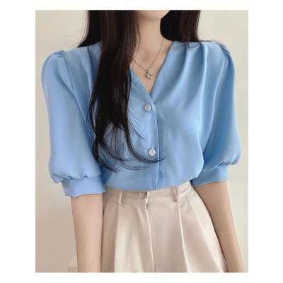 新着入荷の通販 Vネックパフスリーブブラウス半袖 可愛い[品番 全4色 シャツ/ブラウス(長袖/七分)